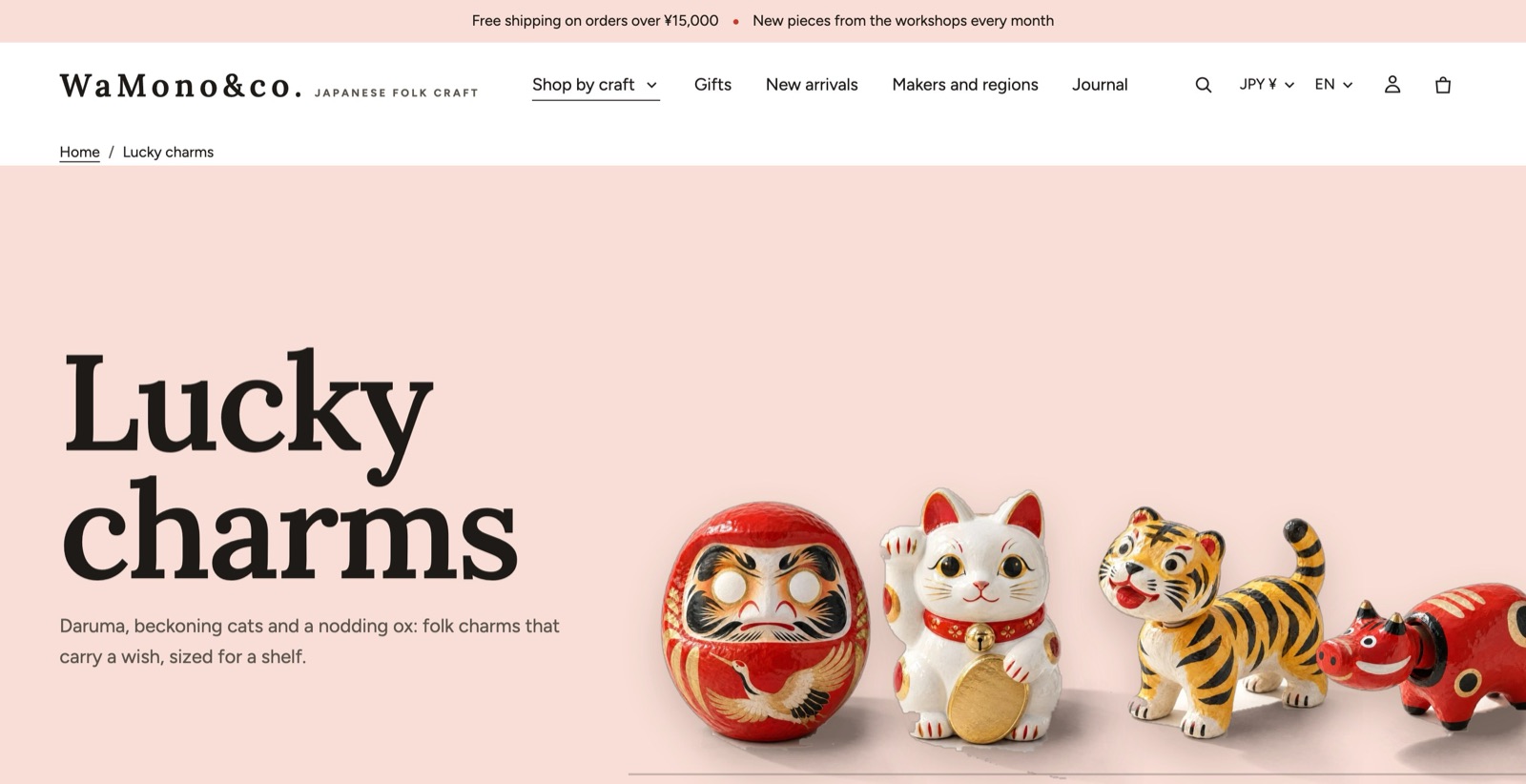A collection banner set to “Color field with a shelf”: lucky charms standing on a shelf over a pale pink field
