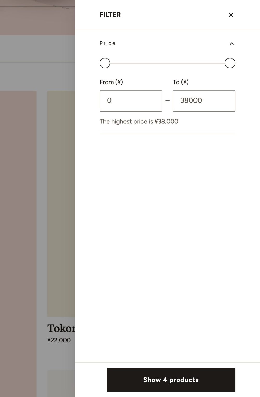 The filter drawer open on a collection page: availability and price filters with a button to show the results