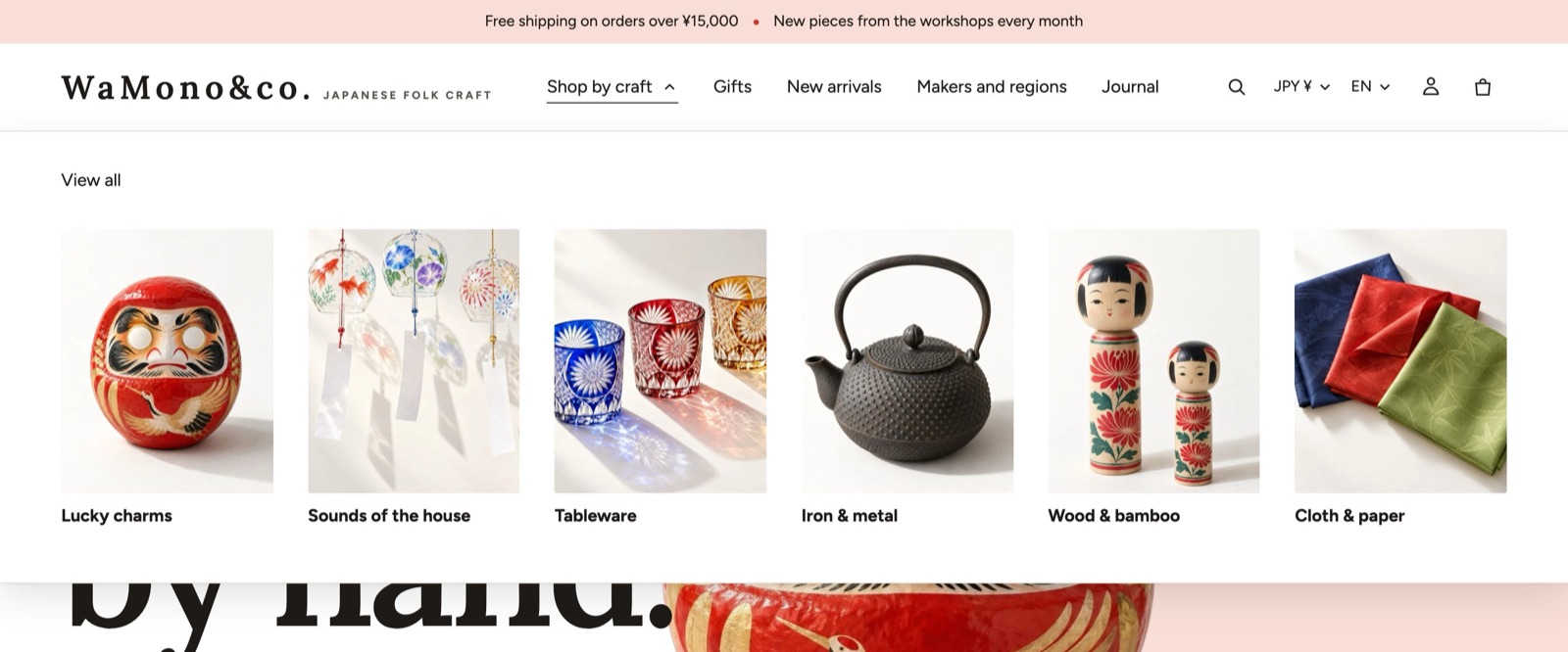 The header with the mega menu open: under “Shop by craft”, six collections are shown with pictures