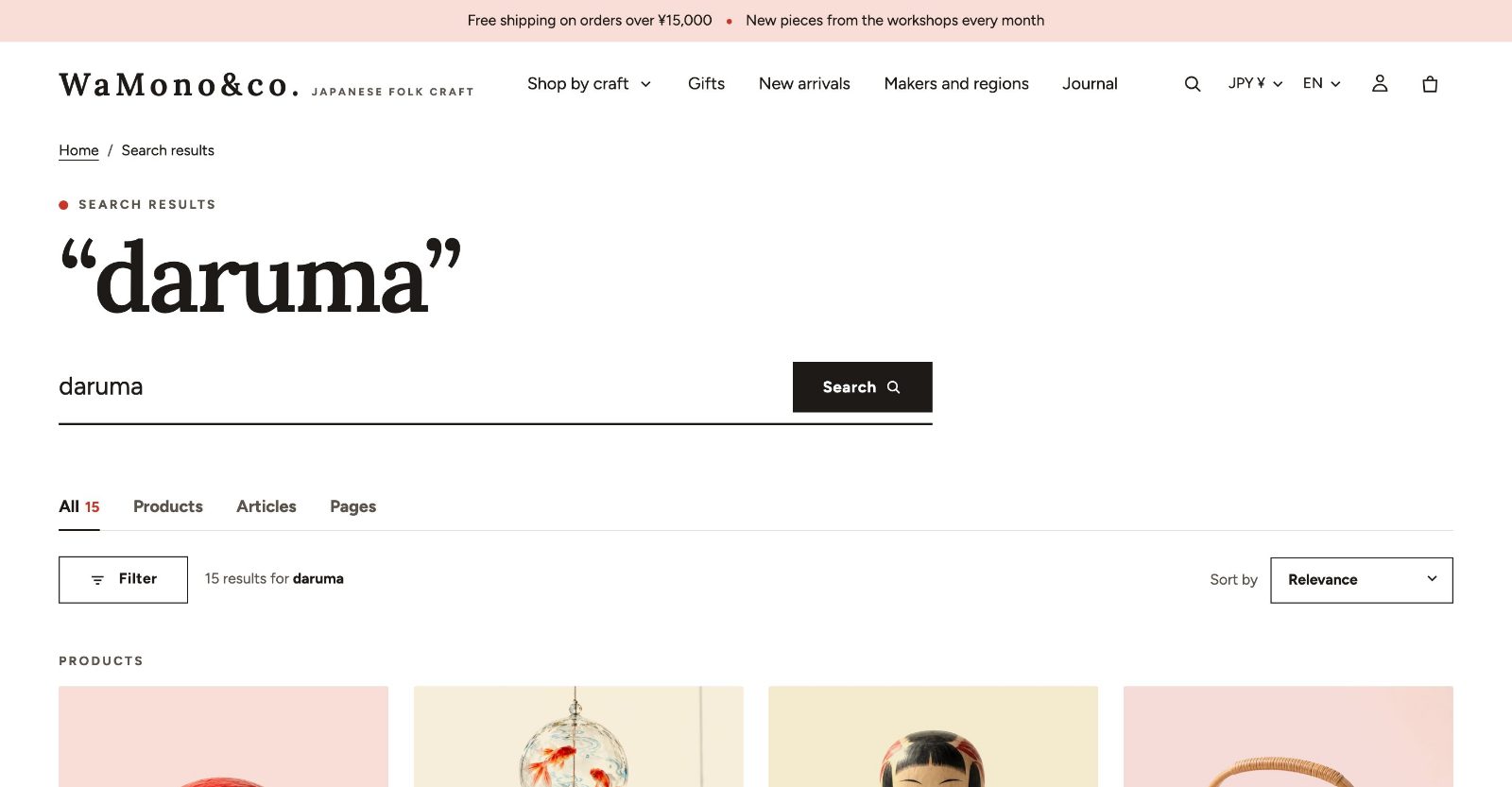 The search results page in the demo store: the searched word set large, the search field, tabs for products, articles and pages, and the results