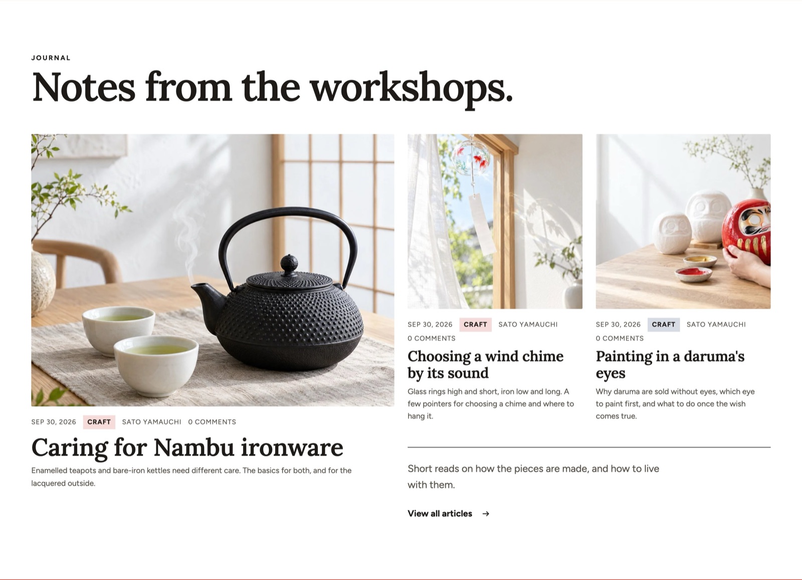 Blog posts in the demo store: one large article and smaller ones beside it