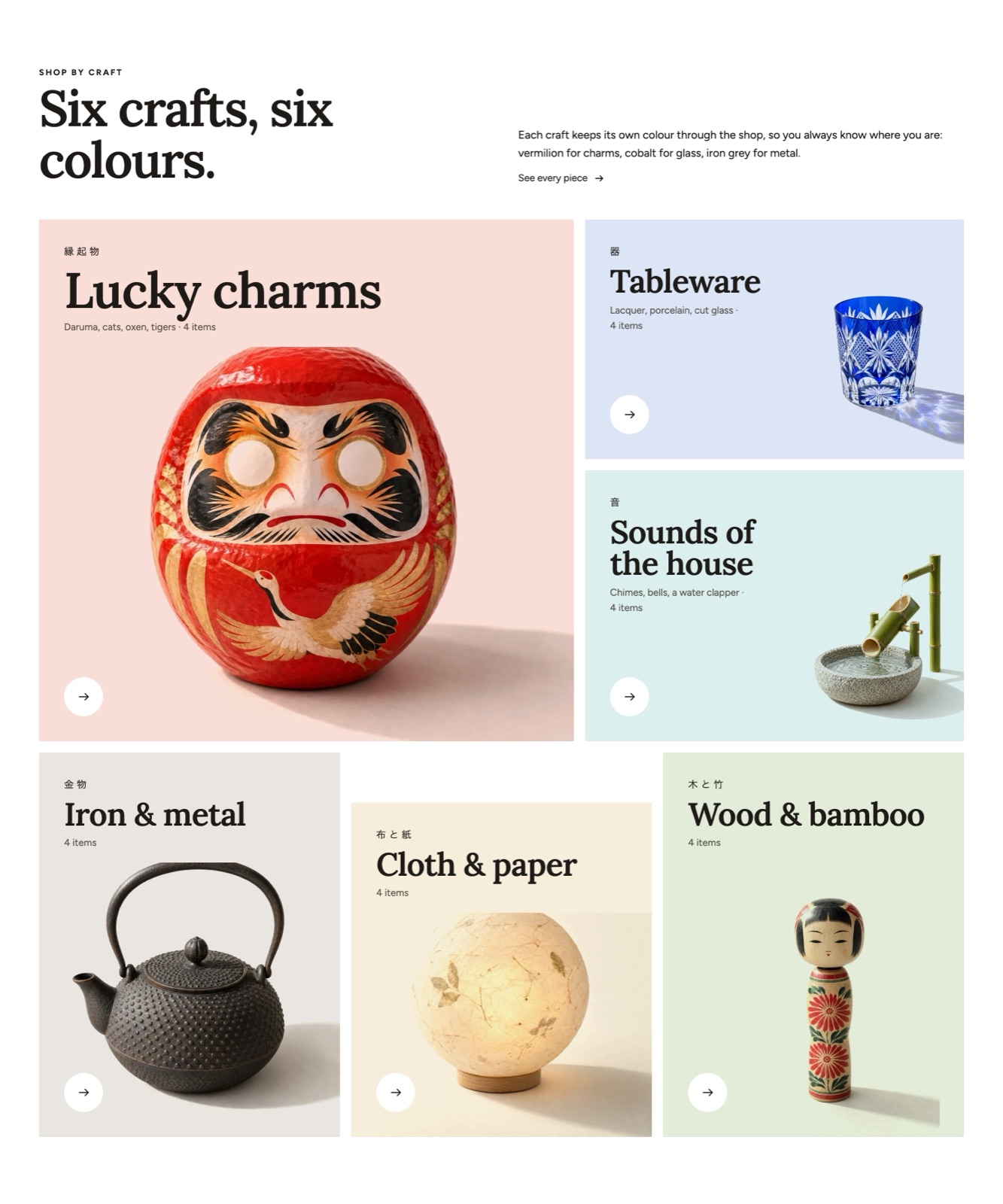 The Collection list with six craft collections on pale color fields