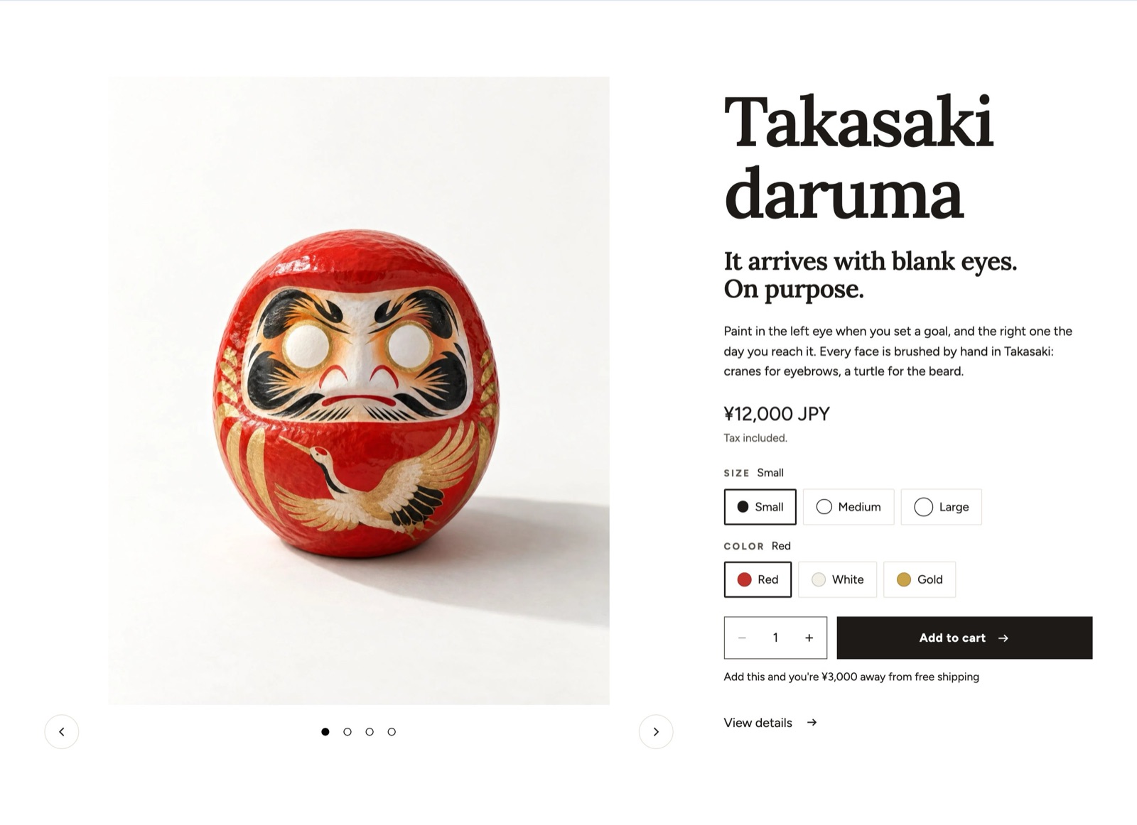 The Featured product section with the Takasaki daruma