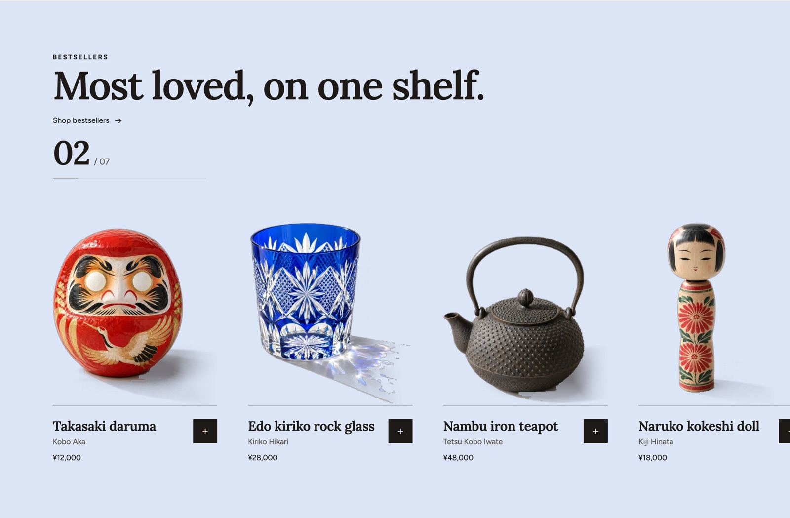 The Product shelf: a daruma, a cut glass, an iron kettle and a kokeshi on one shelf over a pale blue field